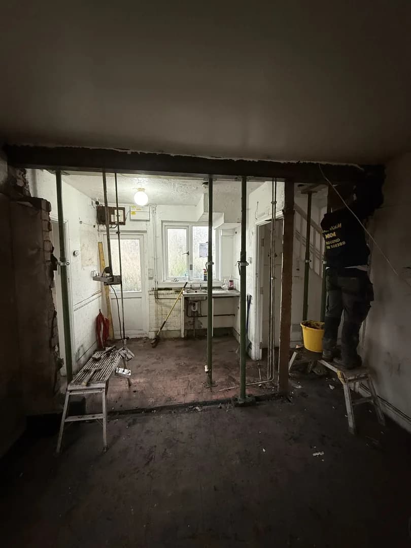 RSJ steel beam installation in interior by Reynolds Brickwork in Cardiff